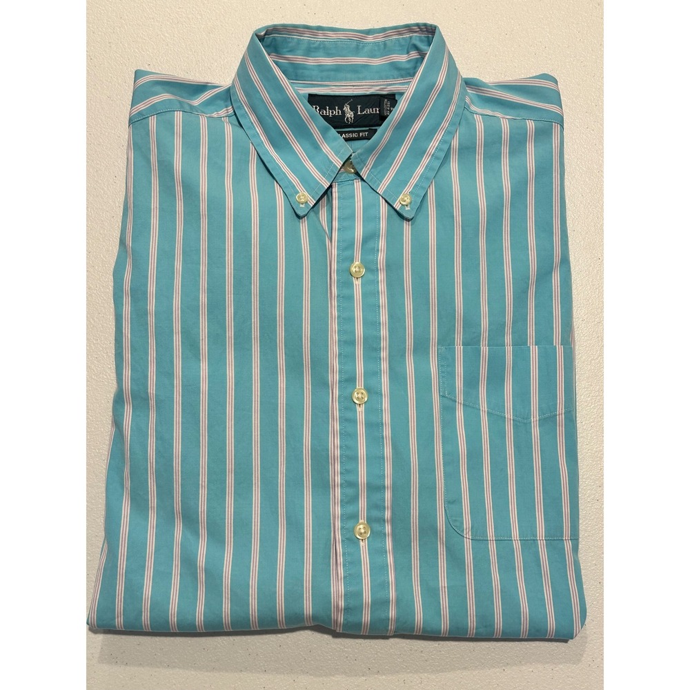 Ralph Lauren Classic Fit Mens Medium Blue Purple Stripe Button Down Shirt Cotton - Picture 6 of 11